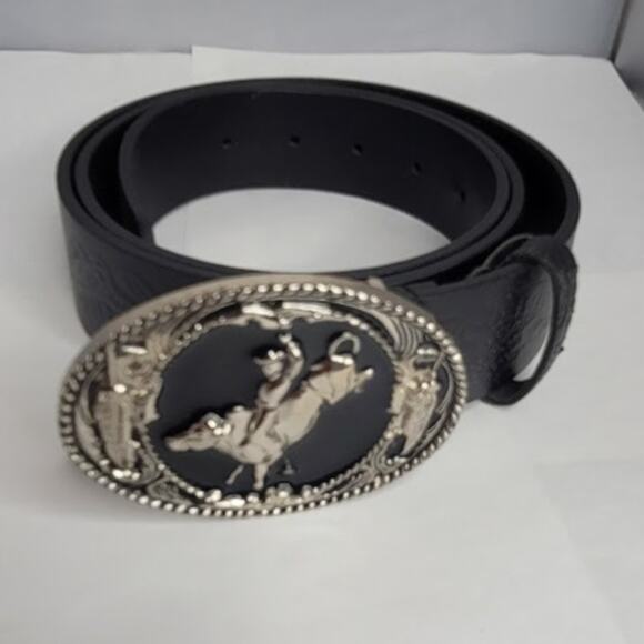 Black belt XXL Geniune bonded embossed leather Rodeo buckle Bull rider Metal - Picture 2 of 5